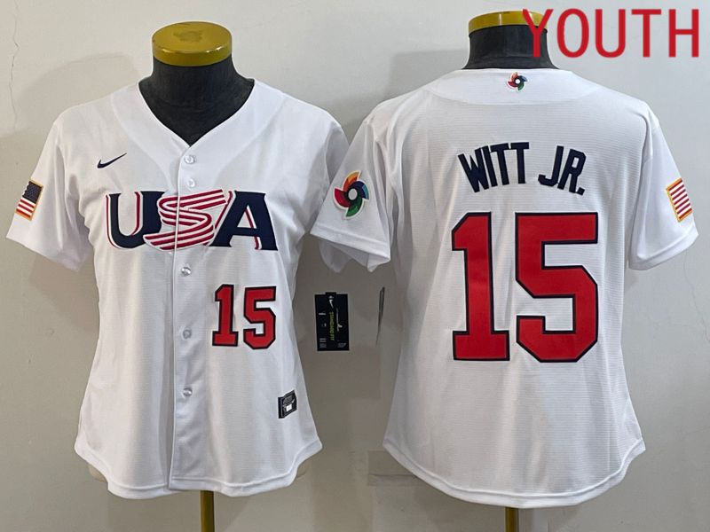 Youth 2023 World Cub USA 15 Witt jr White MLB Jersey4